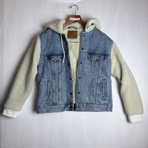 Levi's Jacket Womens Medium Ex-Boyfriend Sherpa‎ Trucker Denim Jean Coat $89 OOS - Picture 2 of 16